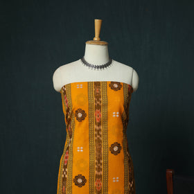 Yellow - Sambalpuri Ikat Embroidered Cotton 3pc Unstitched Dress Material Suit Set 10