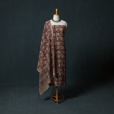 Brown - Kalamkari Hand Block Print Natural Dyed Cotton 2pc Unstitched Dress Material Kurta Set 20