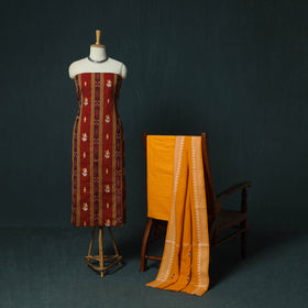 Maroon - Sambalpuri Ikat Embroidered Cotton 3pc Unstitched Dress Material Suit Set 11