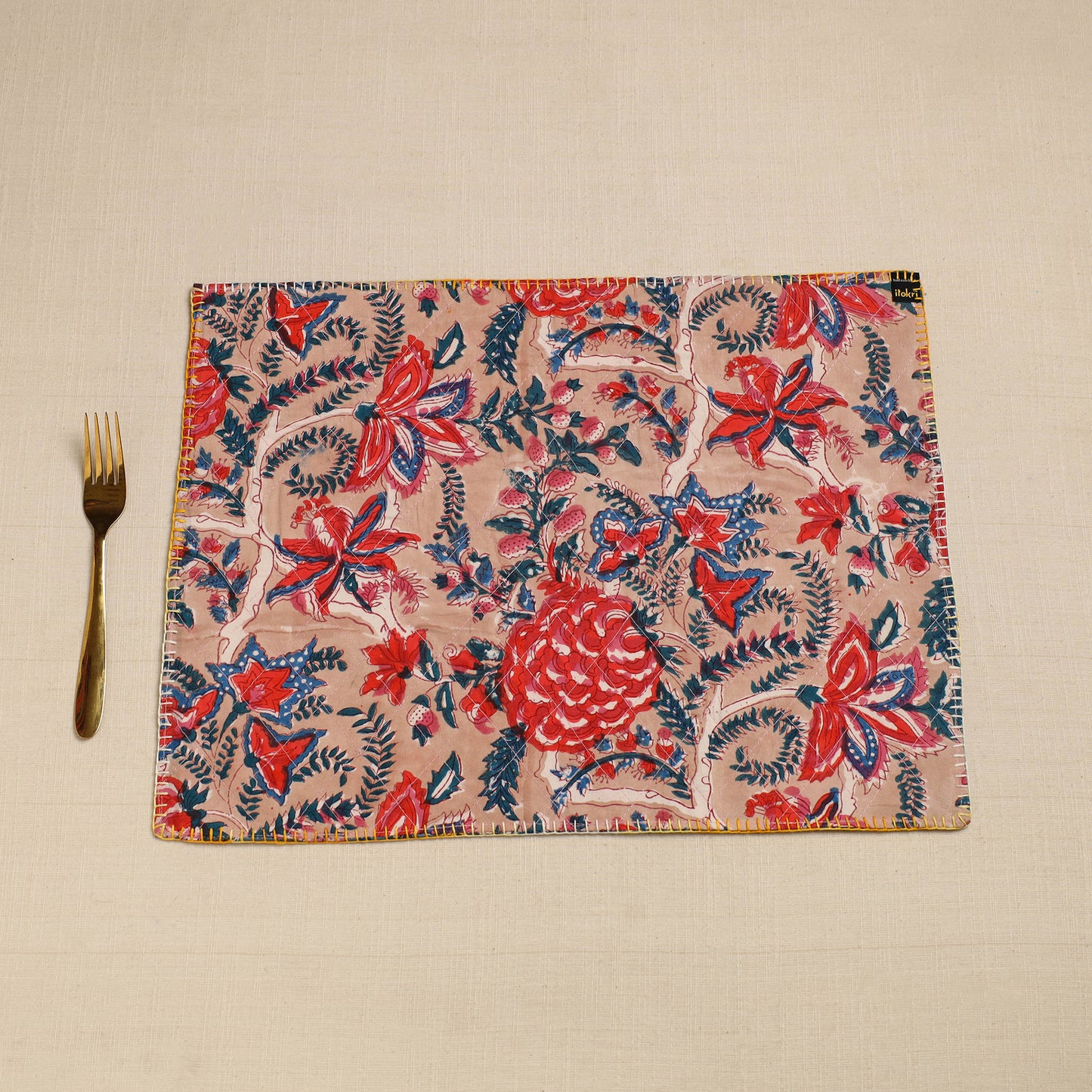 Slate Blue - Hand Embroidered Floral Cotton Reversible Table Mat 51