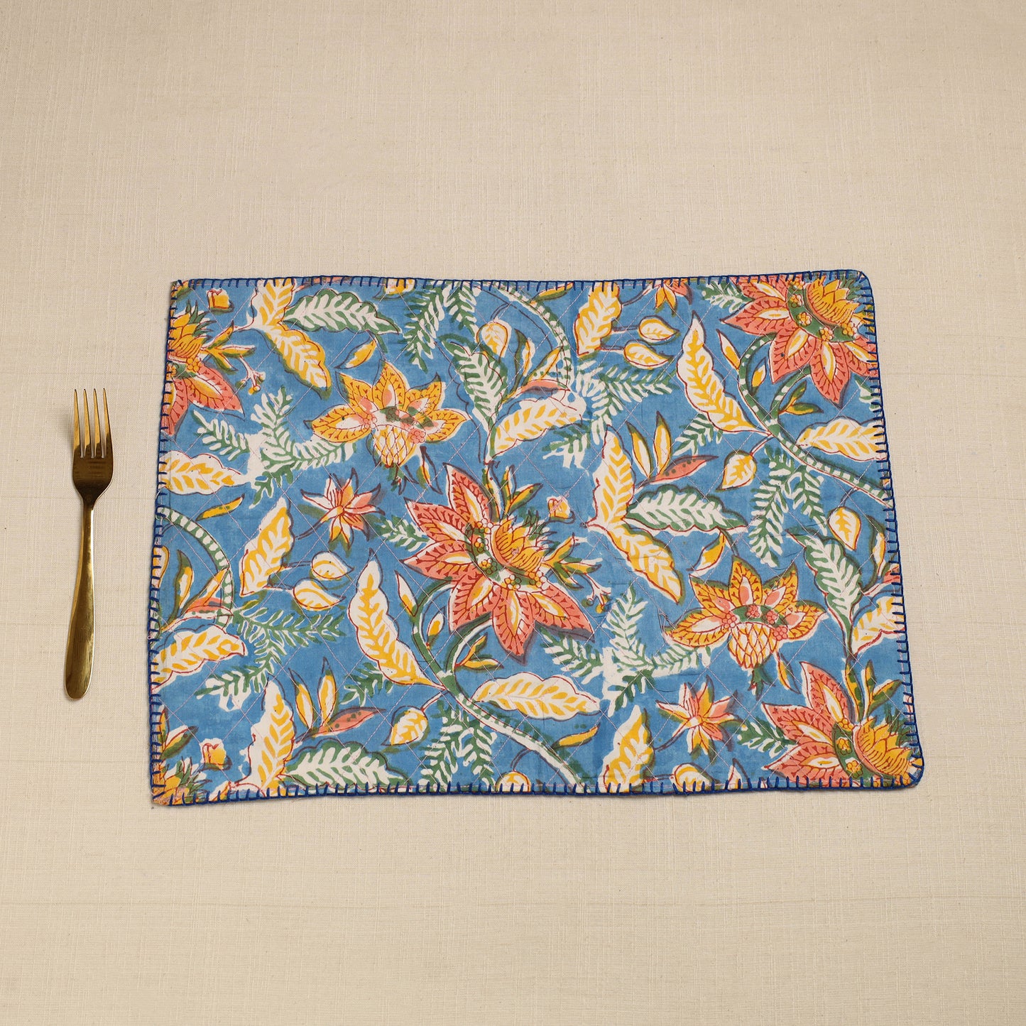 Sky Blue - Hand Embroidered Floral Cotton Reversible Table Mat 52