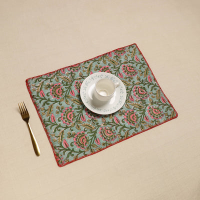 Green - Hand Embroidered Floral Cotton Reversible Table Mat 53