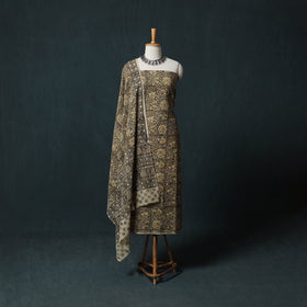 Brown - Kalamkari Hand Block Print Natural Dyed Cotton 2pc Unstitched Dress Material Kurta Set 22