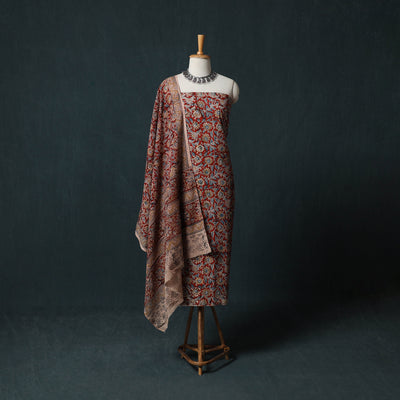 Red - Kalamkari Hand Block Print Natural Dyed Cotton 2pc Unstitched Dress Material Kurta Set 23