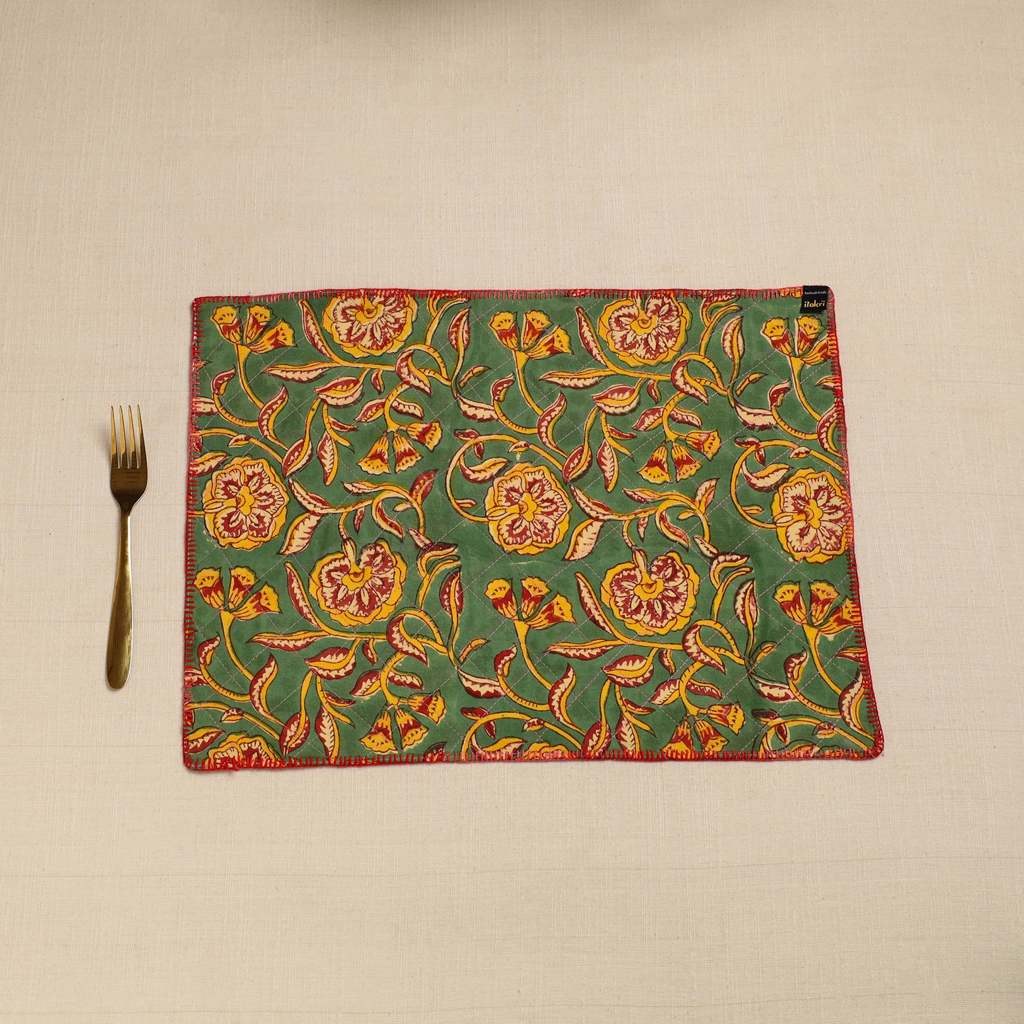 Multicolor - Hand Embroidered Floral Cotton Reversible Table Mat 54