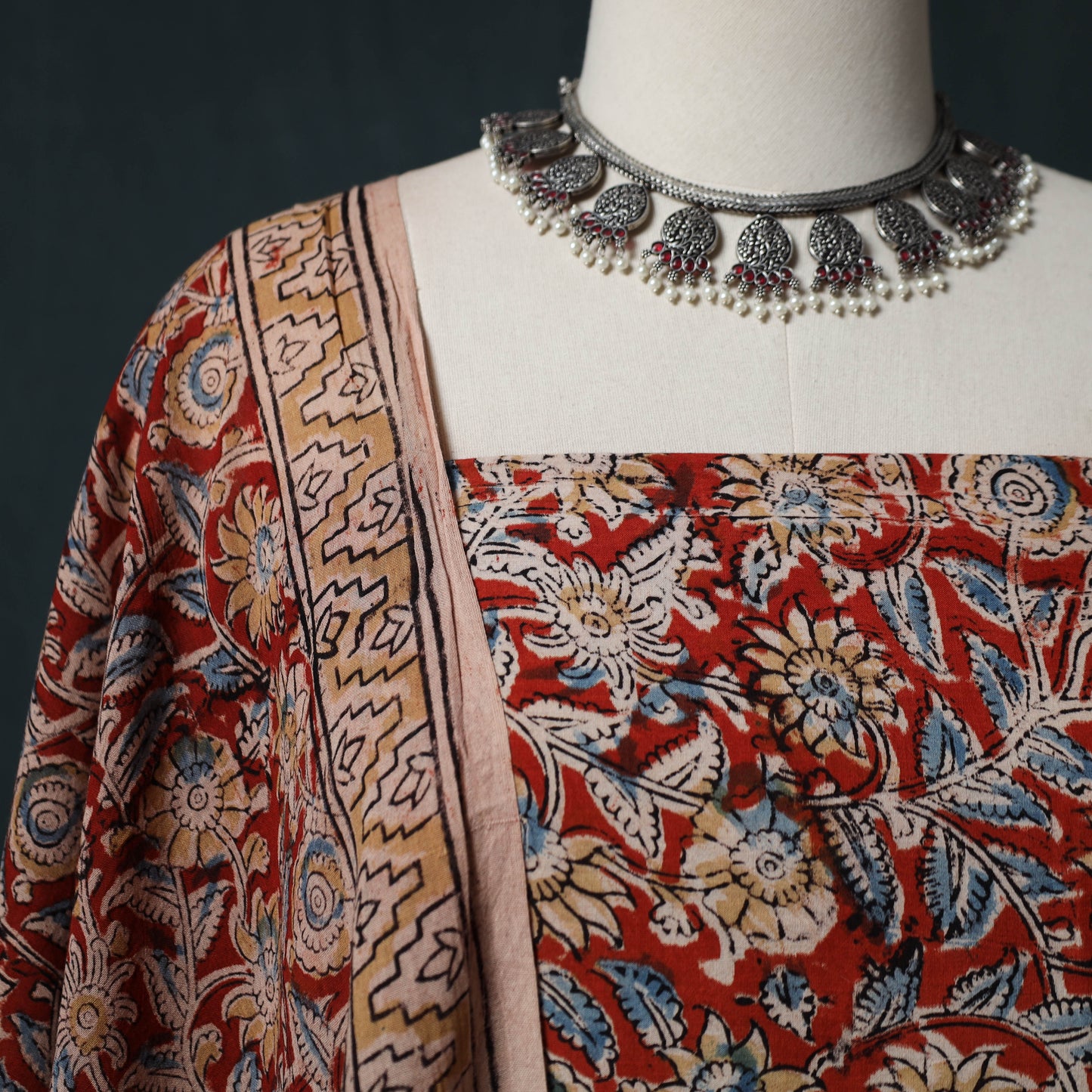 Red - Kalamkari Hand Block Print Natural Dyed Cotton 2pc Unstitched Dress Material Kurta Set 23