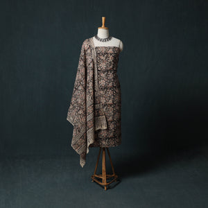 Black - Kalamkari Hand Block Print Natural Dyed Cotton 2pc Unstitched Dress Material Kurta Set 24