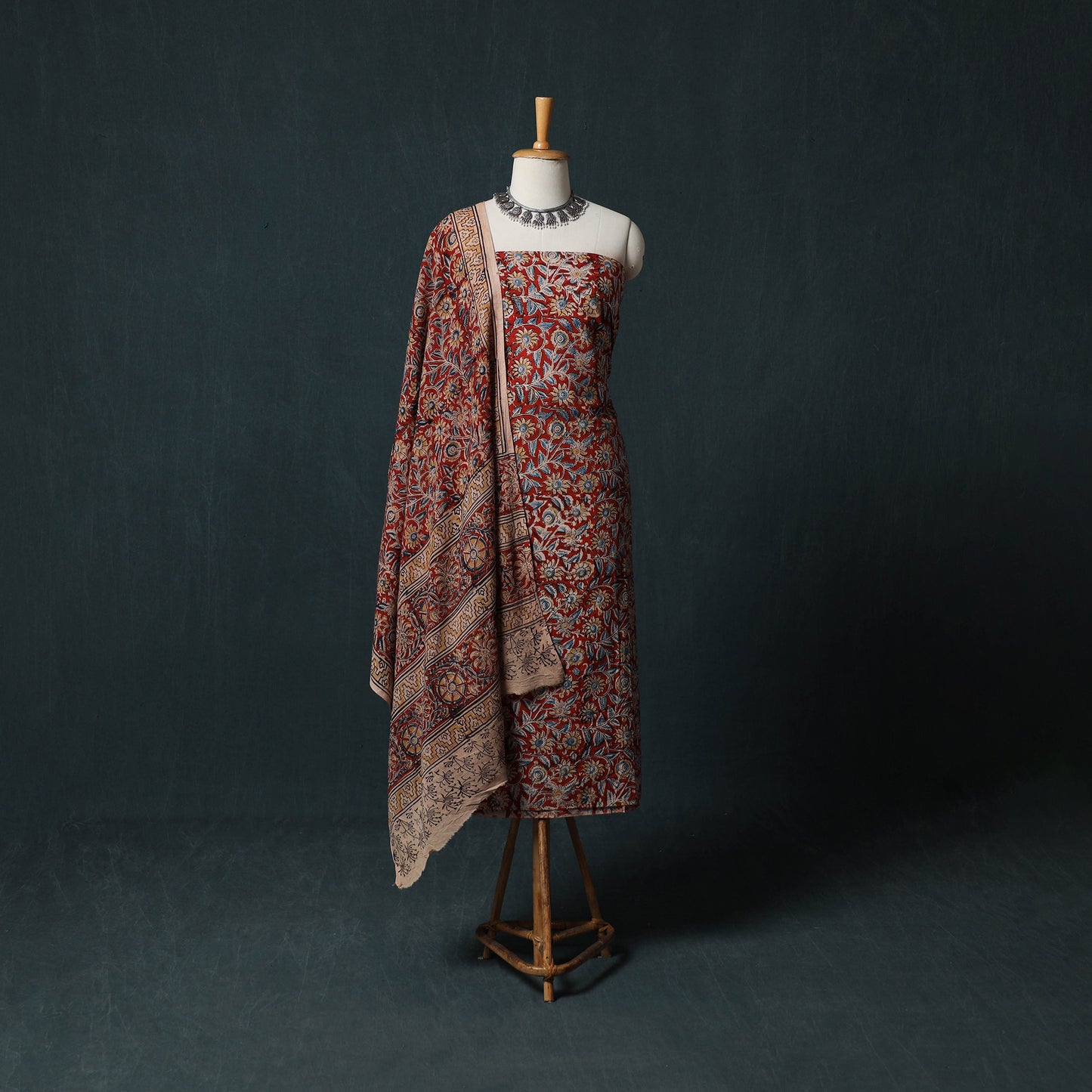 Red - Kalamkari Hand Block Print Natural Dyed Cotton 2pc Unstitched Dress Material Kurta Set 25