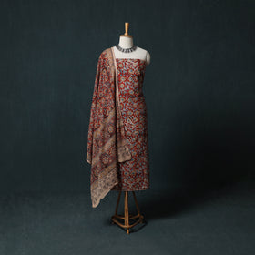 Red - Kalamkari Hand Block Print Natural Dyed Cotton 2pc Unstitched Dress Material Kurta Set 25