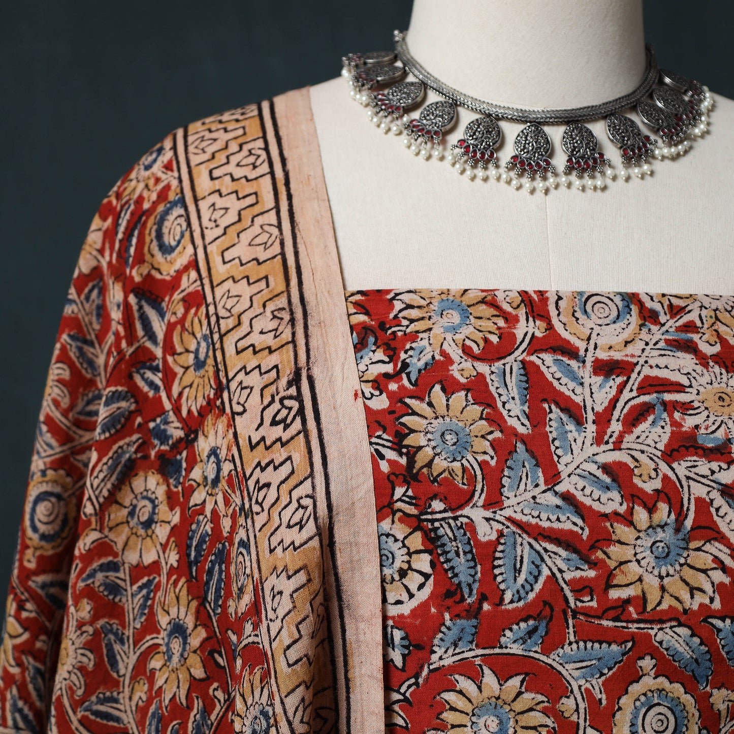 Red - Kalamkari Hand Block Print Natural Dyed Cotton 2pc Unstitched Dress Material Kurta Set 25
