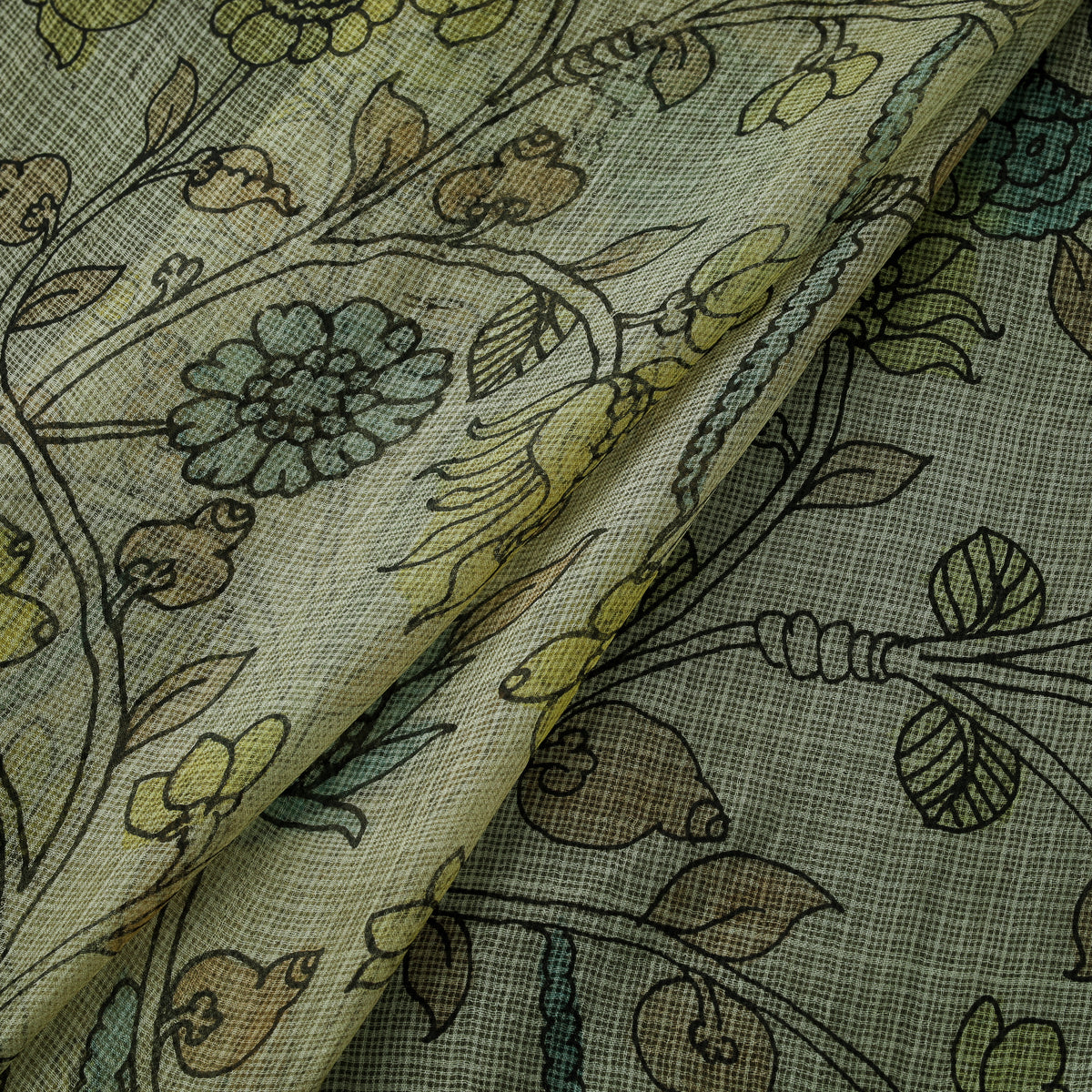 Handpainted Srikalahasti Pen Work Natural Dyed Kalamkari Kota Doria Silk Fabric 06