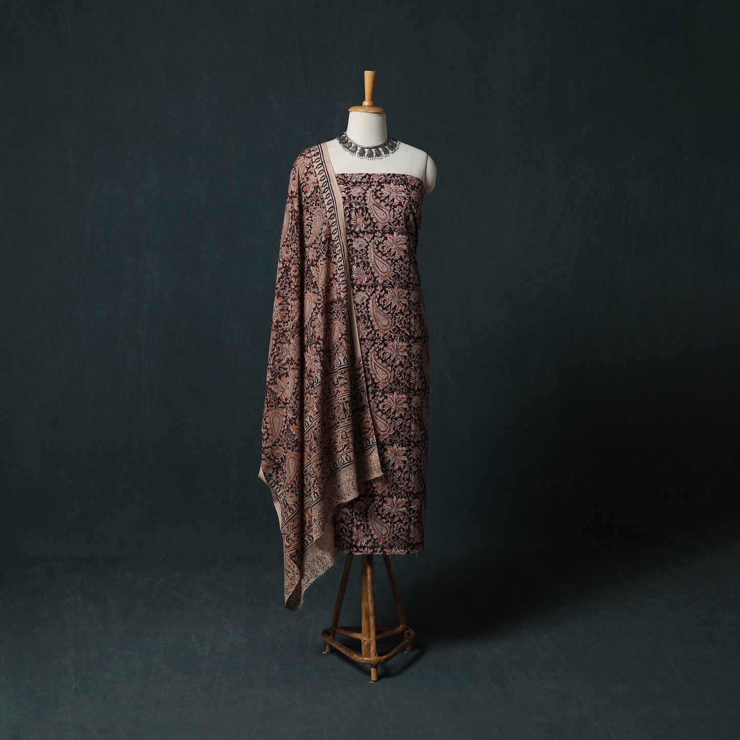 Brown - Kalamkari Hand Block Print Natural Dyed Cotton 2pc Unstitched Dress Material Kurta Set 26
