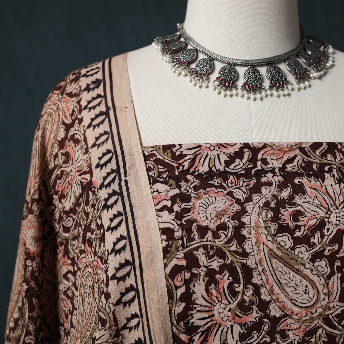 Brown - Kalamkari Hand Block Print Natural Dyed Cotton 2pc Unstitched Dress Material Kurta Set 26