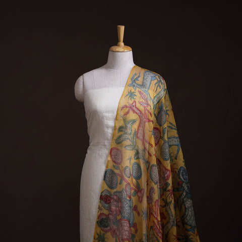 Handpainted Srikalahasti Pen Work Natural Dyed Kalamkari Kota Doria Silk Fabric 02