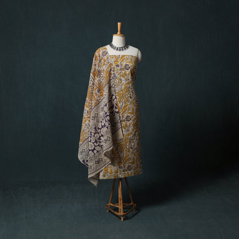Yellow - Kalamkari Printed Cotton 2pc Unstitched Dress Material Kurta Set 02