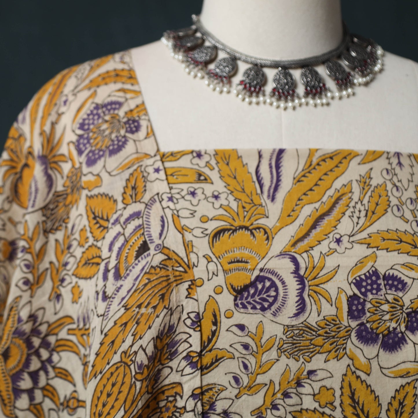 Yellow - Kalamkari Printed Cotton 2pc Unstitched Dress Material Kurta Set 02