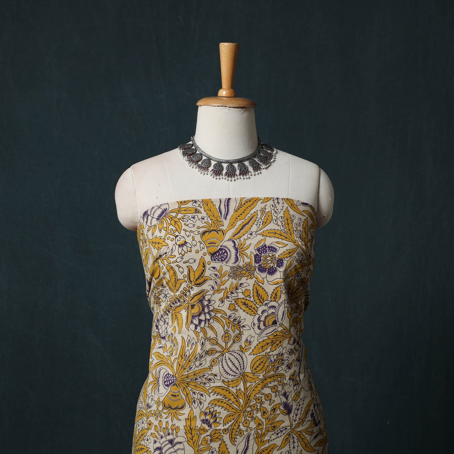 Yellow - Kalamkari Printed Cotton 2pc Unstitched Dress Material Kurta Set 02