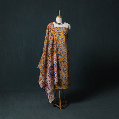 Yellow - Kalamkari Printed Cotton 2pc Unstitched Dress Material Kurta Set 03