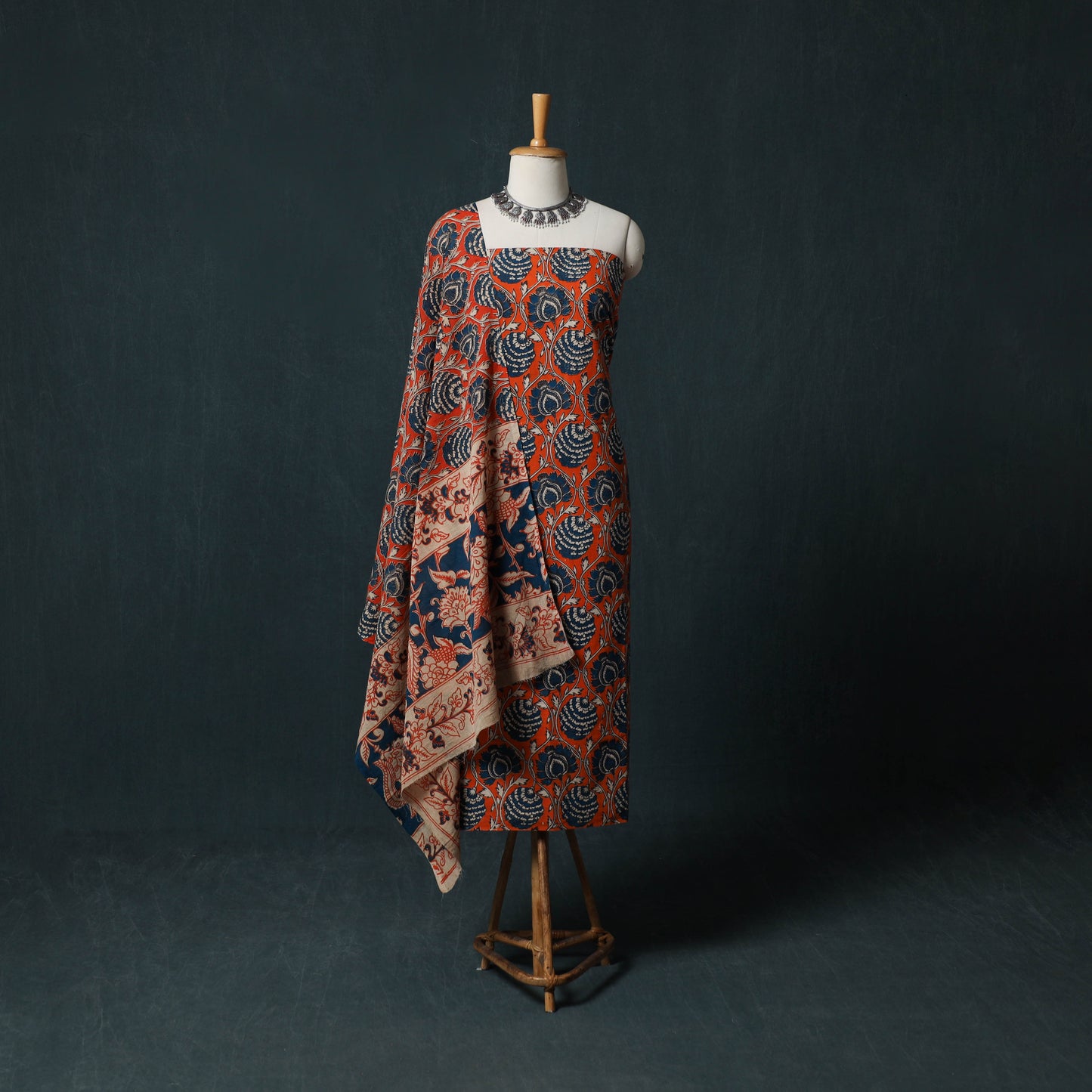 Orange - Kalamkari Printed Cotton 2pc Unstitched Dress Material Kurta Set 04