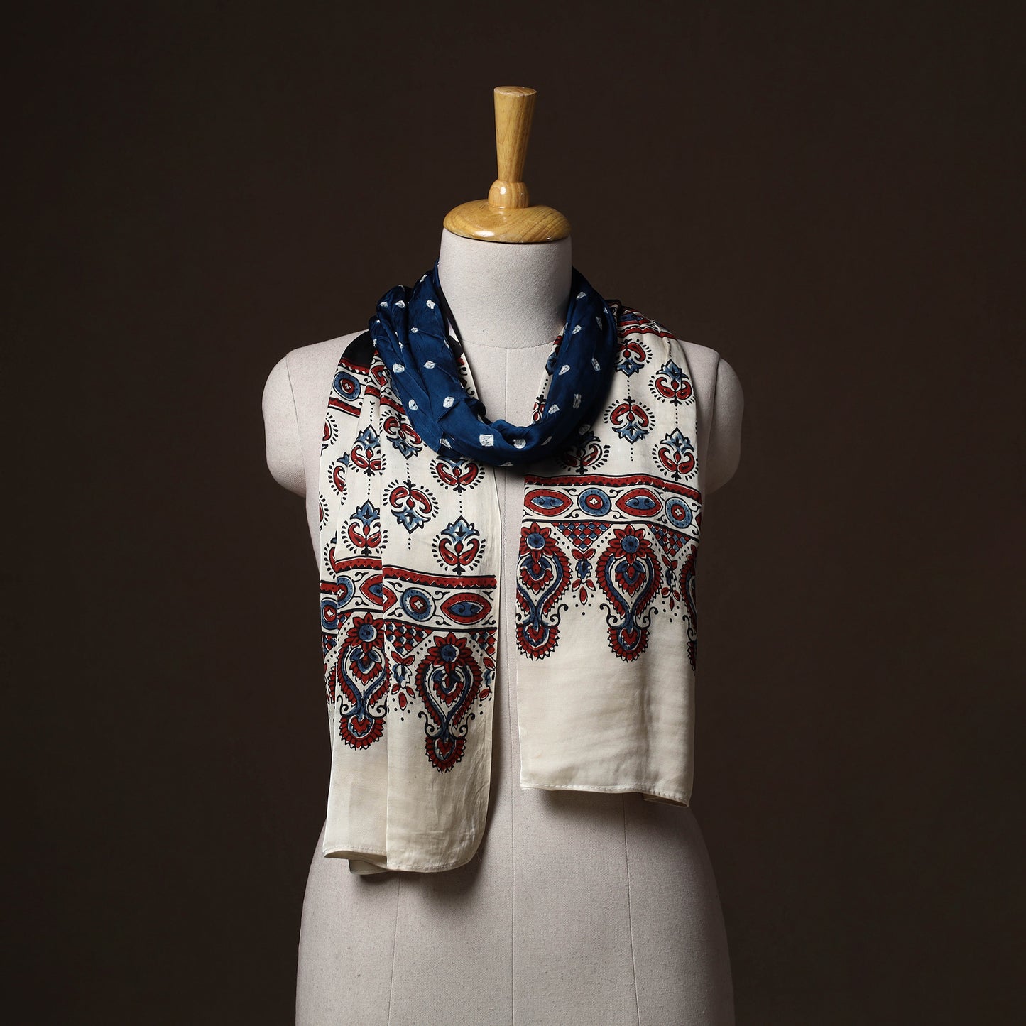 Kutch Bandhani Tie-Dye Ajrakh Block Print Modal Silk Stole 02