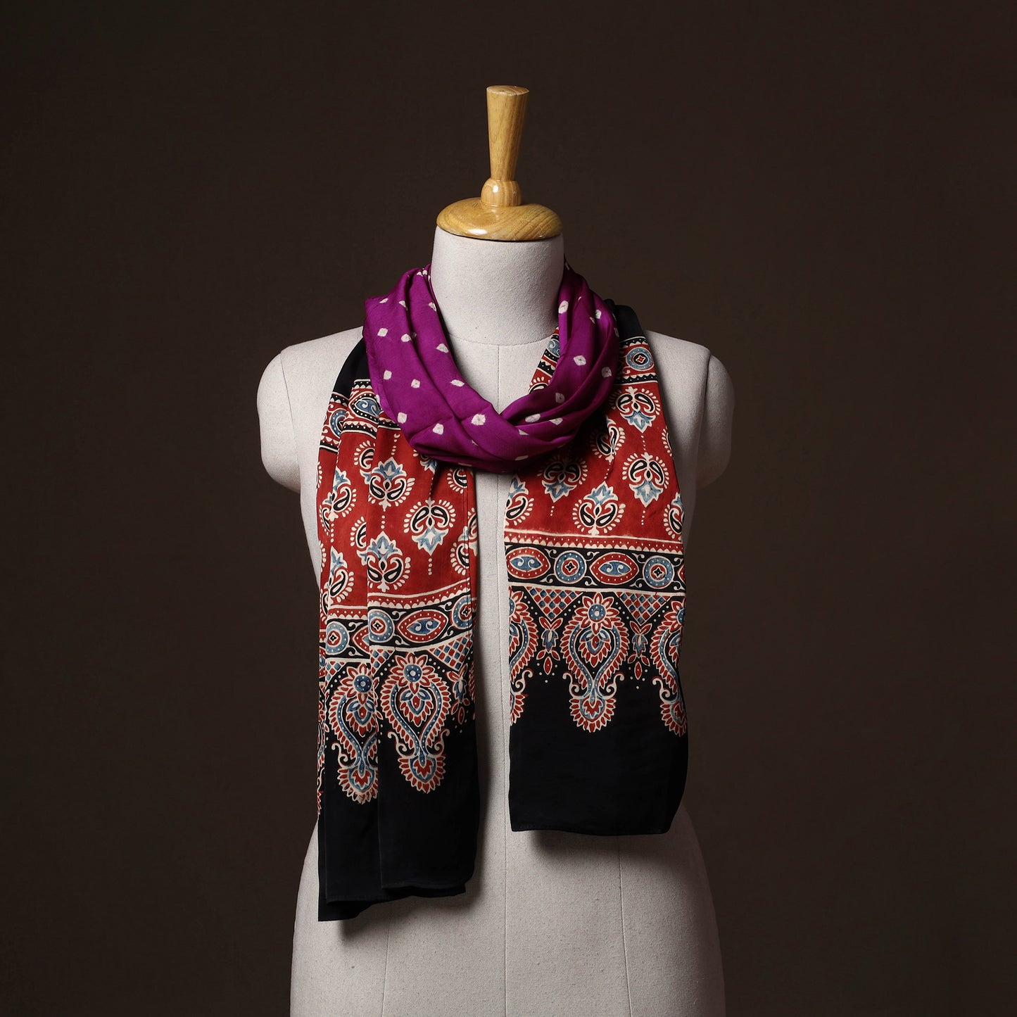 Kutch Bandhani Tie-Dye Ajrakh Block Print Modal Silk Stole 01