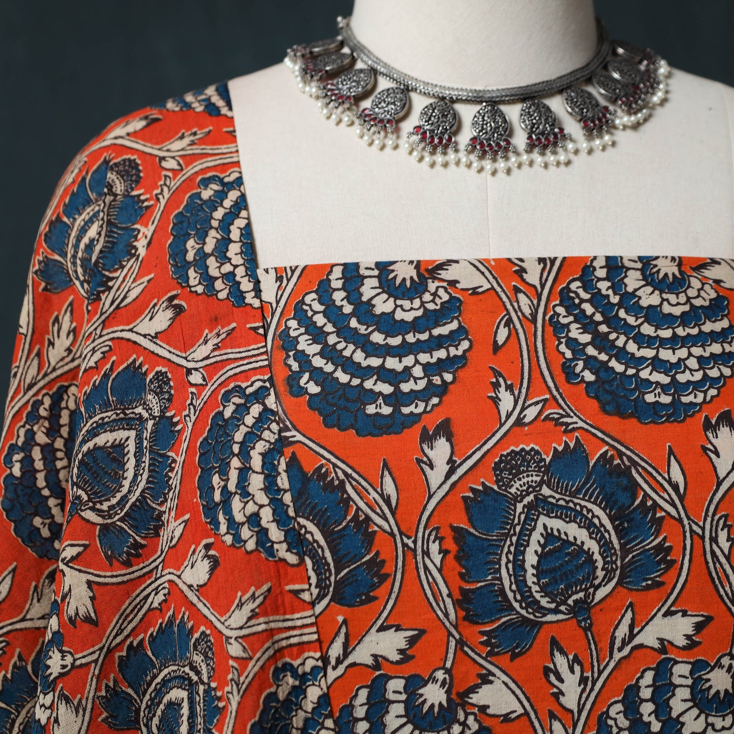 Orange - Kalamkari Printed Cotton 2pc Unstitched Dress Material Kurta Set 04