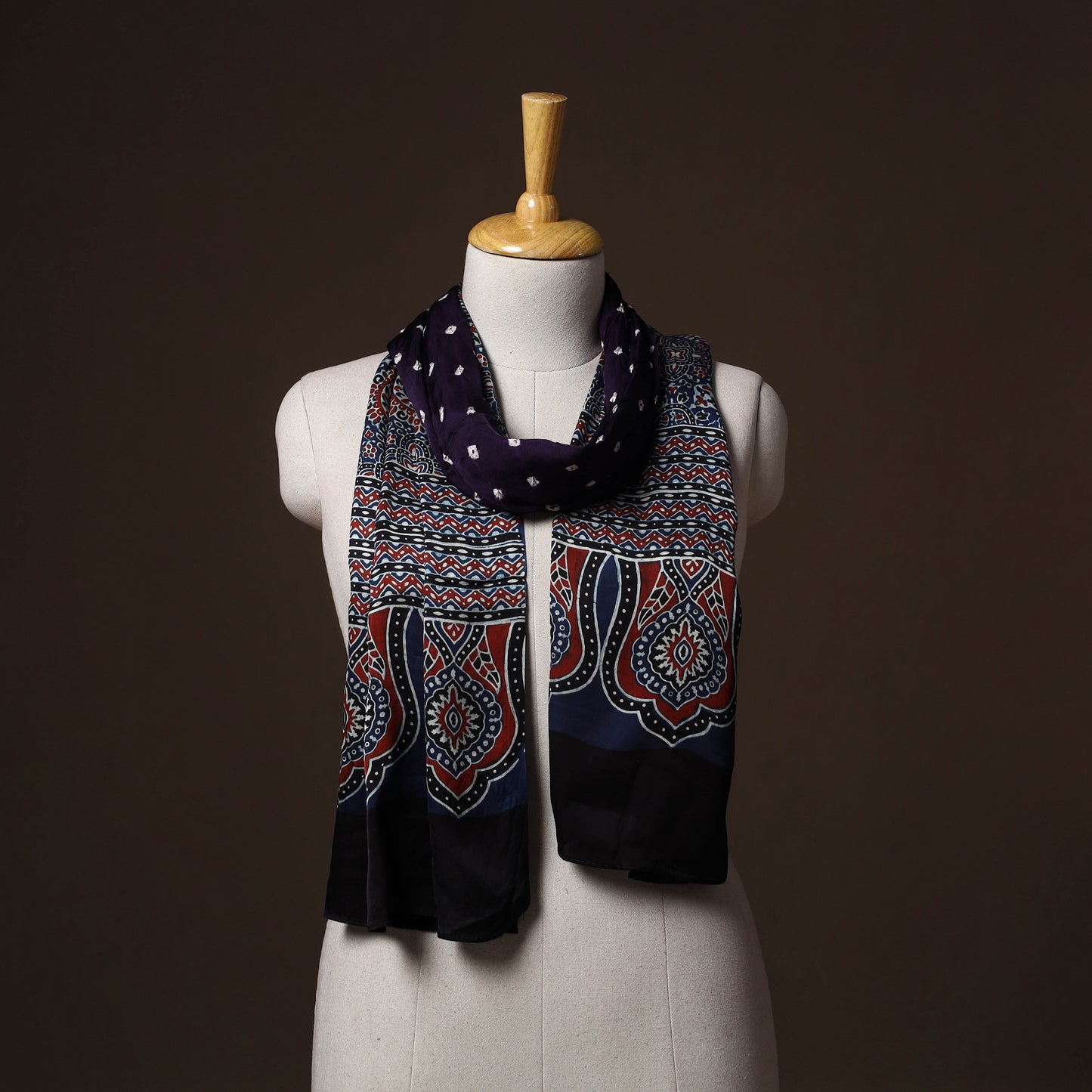 Kutch Bandhani Tie-Dye Ajrakh Block Print Modal Silk Stole 03