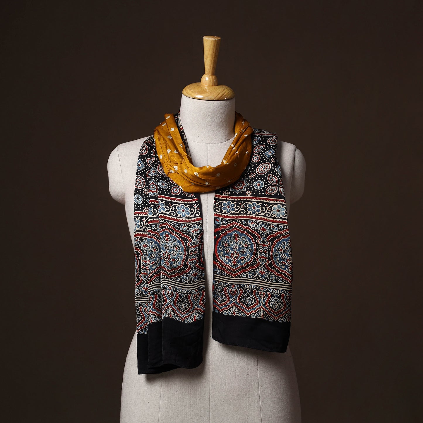 Kutch Bandhani Tie-Dye Ajrakh Block Print Modal Silk Stole 04