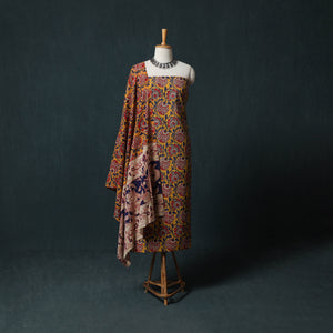 Yellow - Kalamkari Printed Cotton 2pc Unstitched Dress Material Kurta Set 05