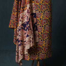 Yellow - Kalamkari Printed Cotton 2pc Unstitched Dress Material Kurta Set 05