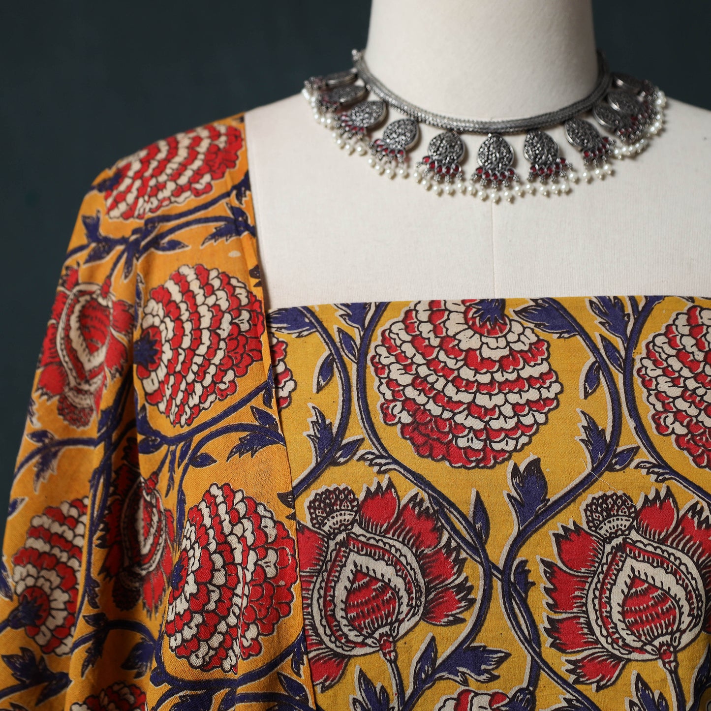 Yellow - Kalamkari Printed Cotton 2pc Unstitched Dress Material Kurta Set 05