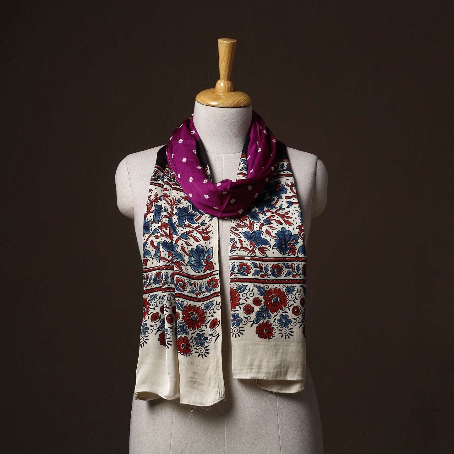Kutch Bandhani Tie-Dye Ajrakh Block Print Modal Silk Stole 07