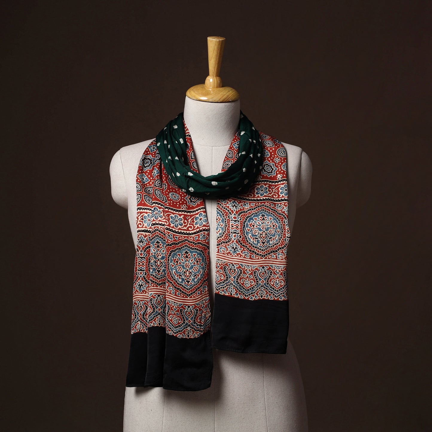 Kutch Bandhani Tie-Dye Ajrakh Block Print Modal Silk Stole 14