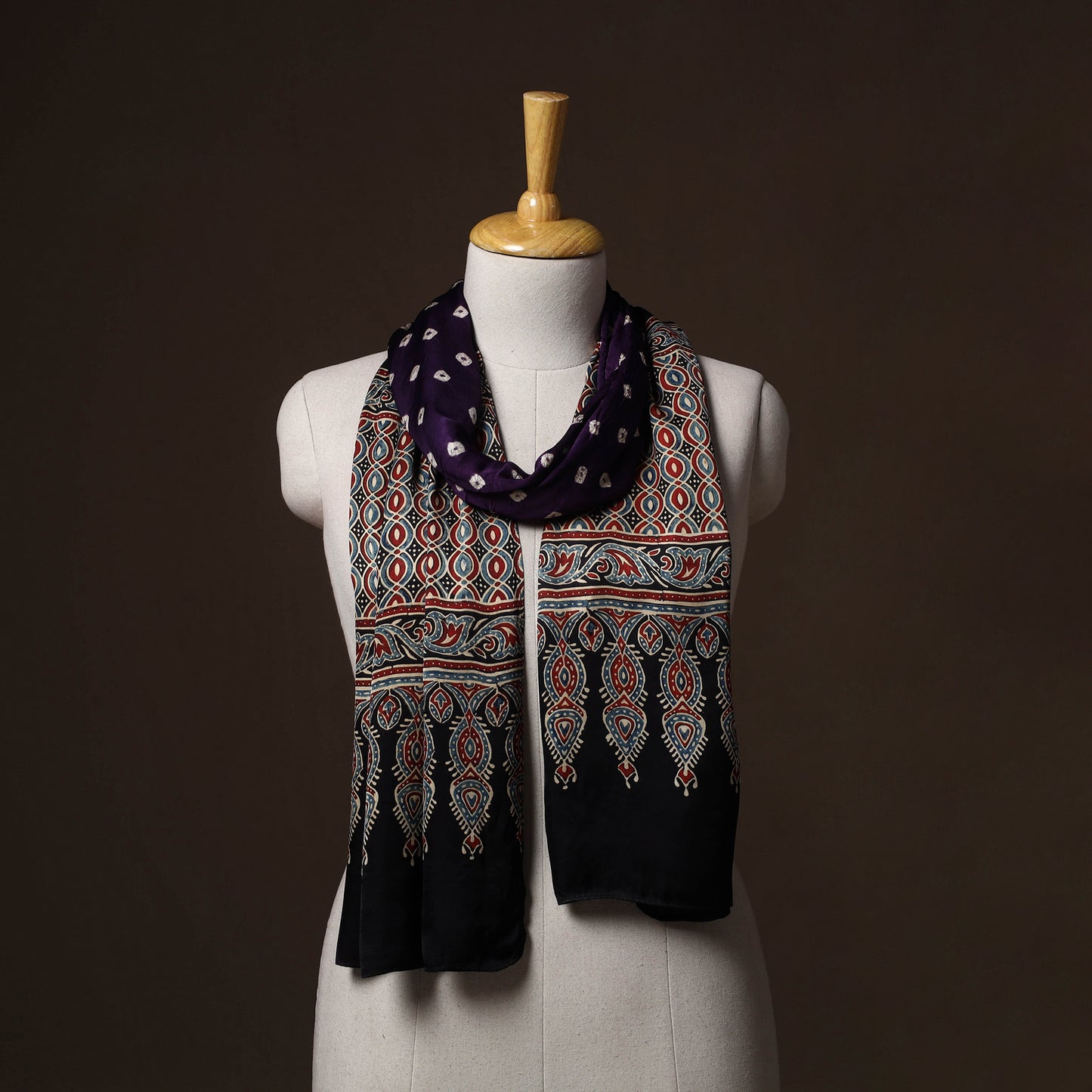 Kutch Bandhani Tie-Dye Ajrakh Block Print Modal Silk Stole 17