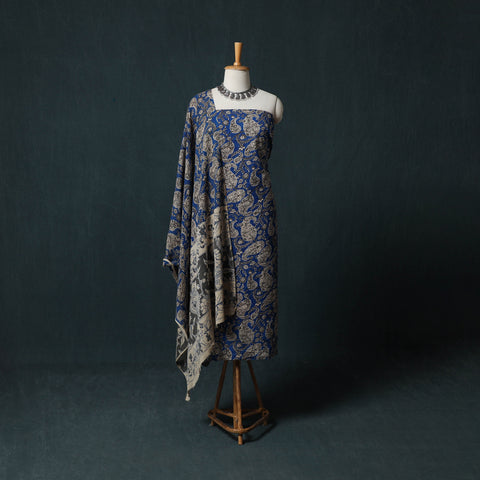 Blue - Kalamkari Printed Cotton 2pc Unstitched Dress Material Kurta Set 08
