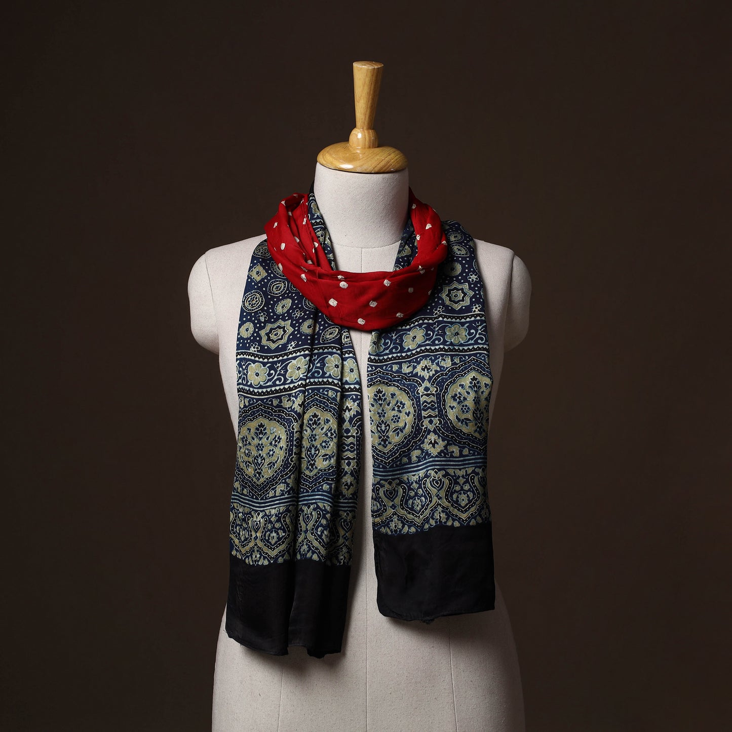 Kutch Bandhani Tie-Dye Ajrakh Block Print Modal Silk Stole 20