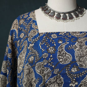 Blue - Kalamkari Printed Cotton 2pc Unstitched Dress Material Kurta Set 08