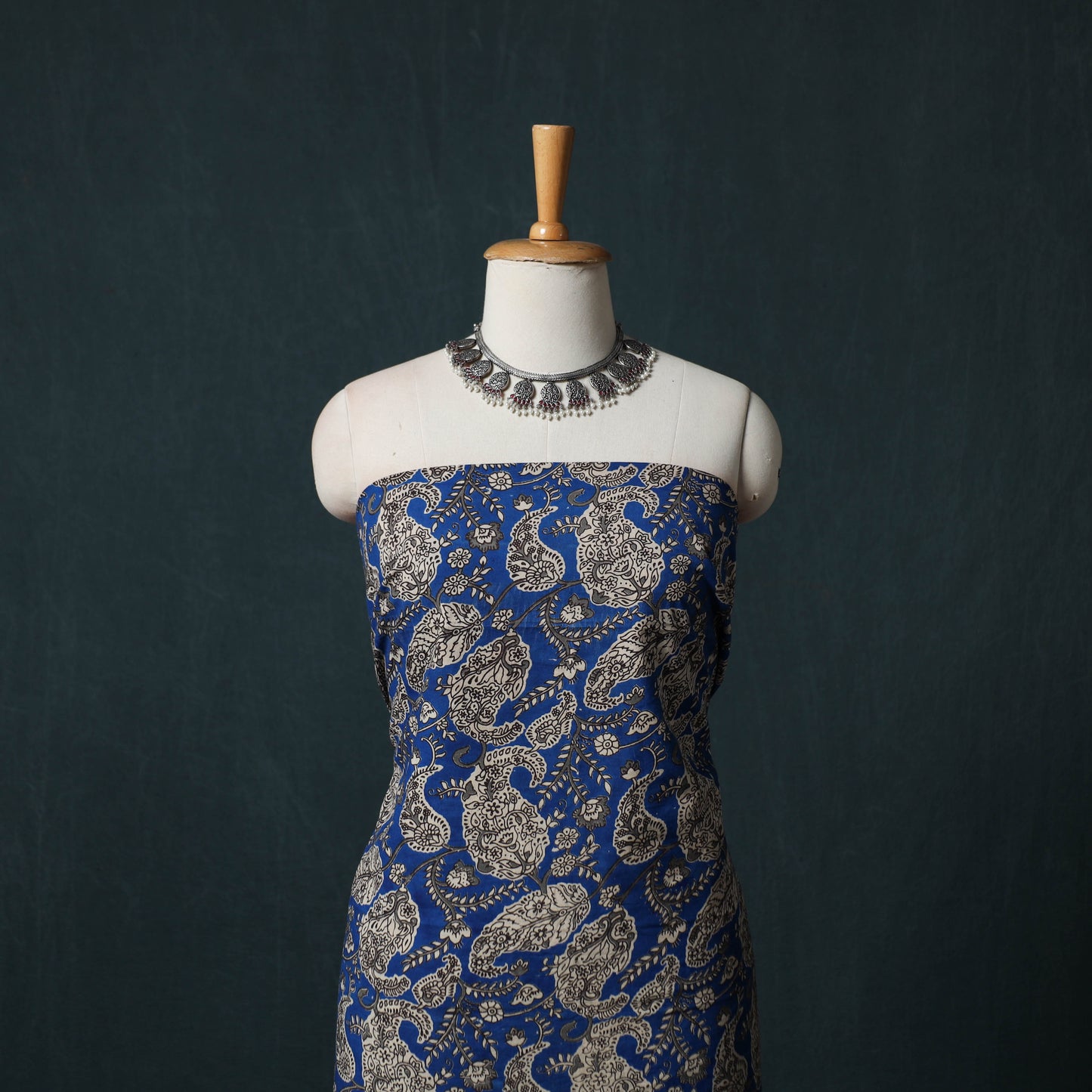 Blue - Kalamkari Printed Cotton 2pc Unstitched Dress Material Kurta Set 08