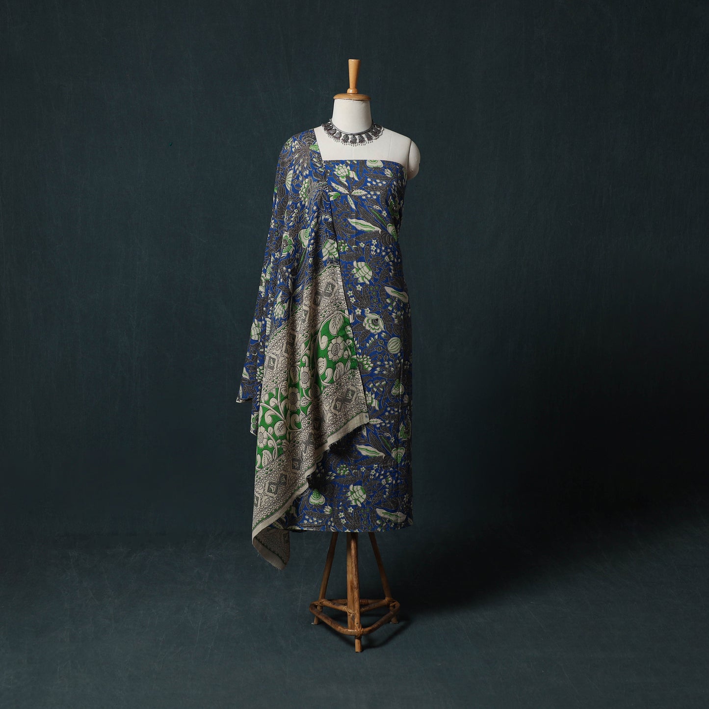 Blue - Kalamkari Printed Cotton 2pc Unstitched Dress Material Kurta Set 09
