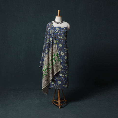 Blue - Kalamkari Printed Cotton 2pc Unstitched Dress Material Kurta Set 09