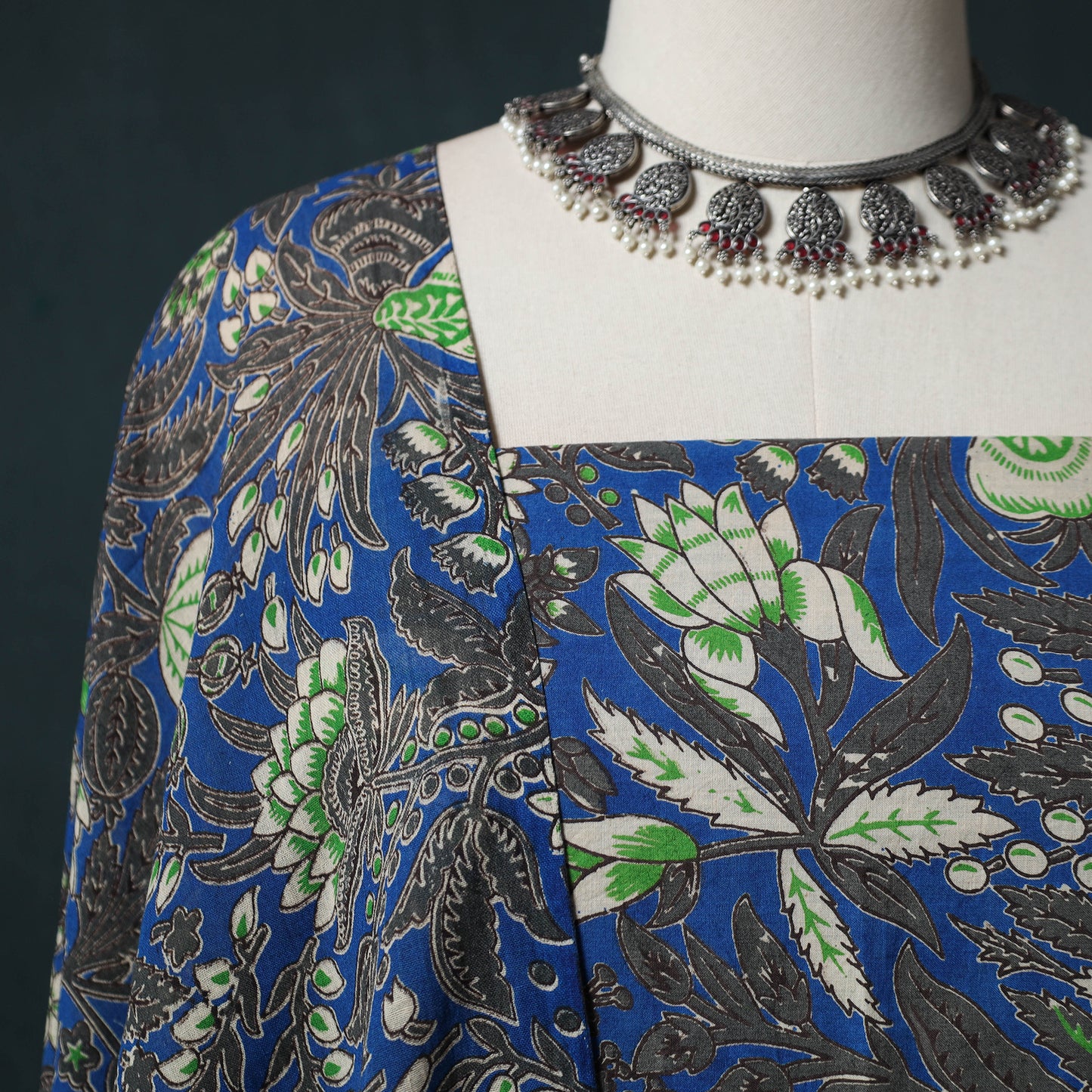 Blue - Kalamkari Printed Cotton 2pc Unstitched Dress Material Kurta Set 09