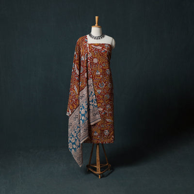 Red - Kalamkari Printed Cotton 2pc Unstitched Dress Material Kurta Set 10