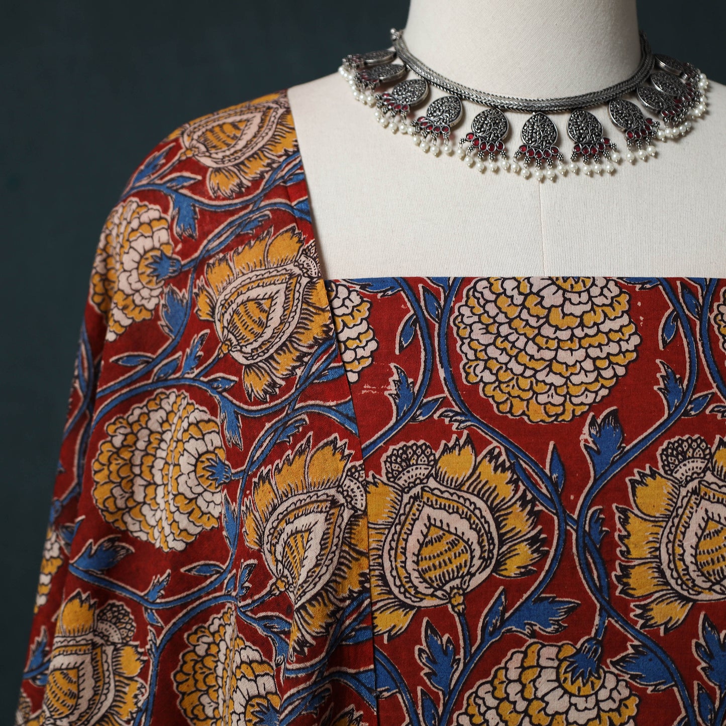 Red - Kalamkari Printed Cotton 2pc Unstitched Dress Material Kurta Set 12