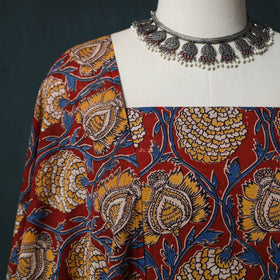 Red - Kalamkari Printed Cotton 2pc Unstitched Dress Material Kurta Set 12