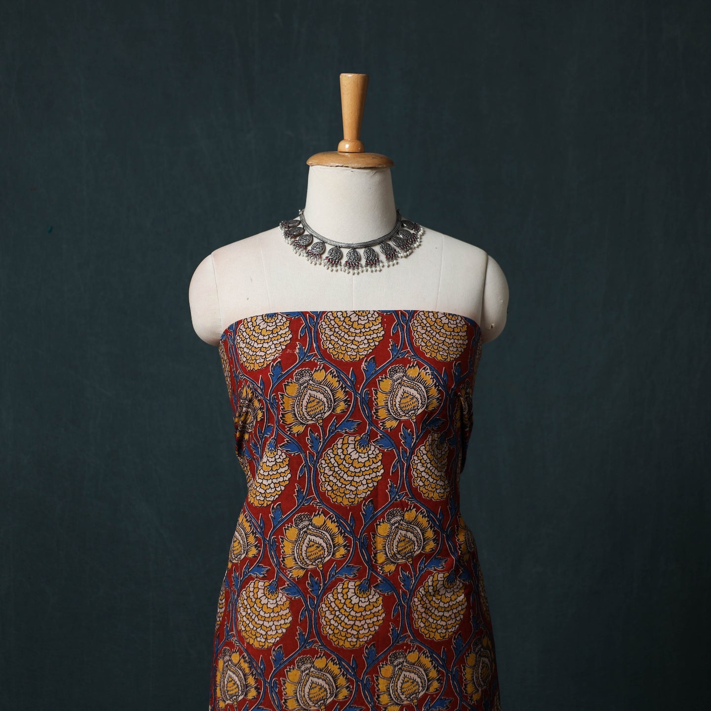 Red - Kalamkari Printed Cotton 2pc Unstitched Dress Material Kurta Set 12