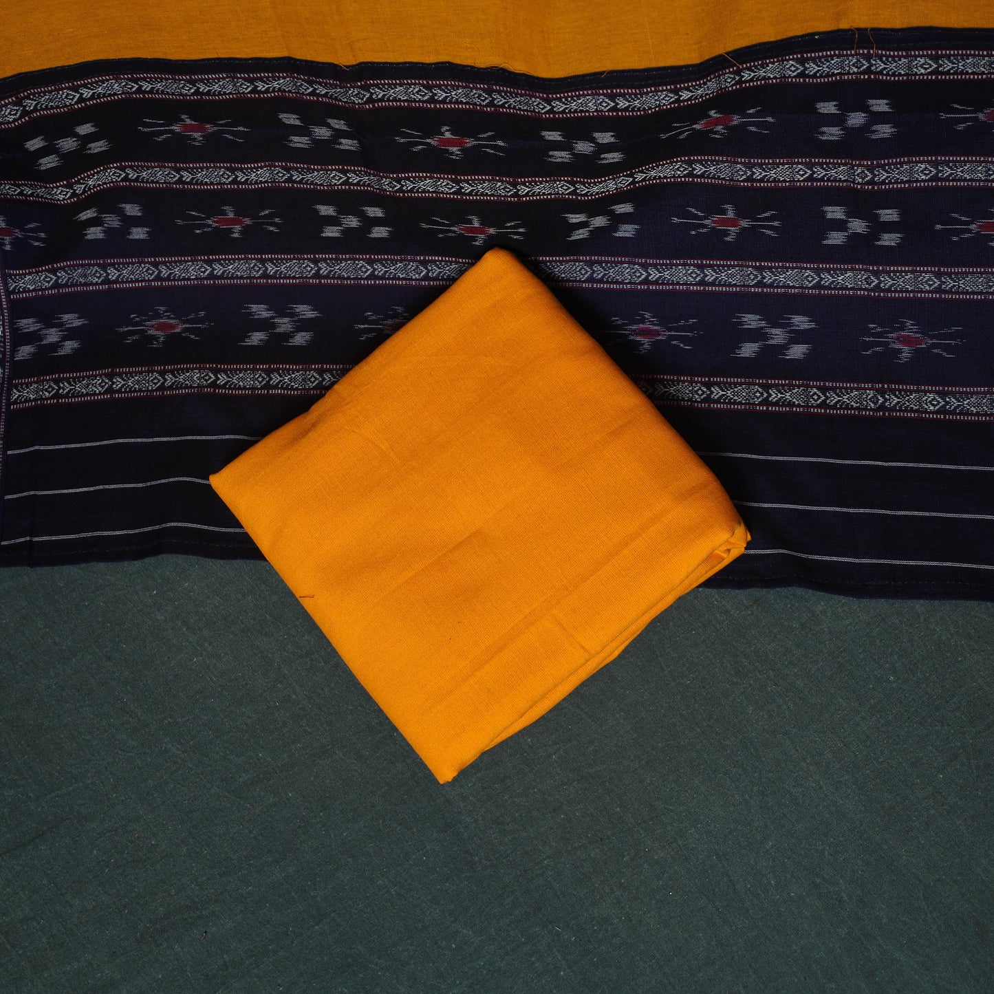 Blue - Sambalpuri Ikat Cotton 3pc Unstitched Dress Material Suit Set 25