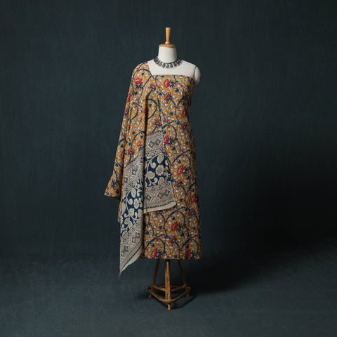 Yellow - Kalamkari Printed Cotton 2pc Unstitched Dress Material Kurta Set 14