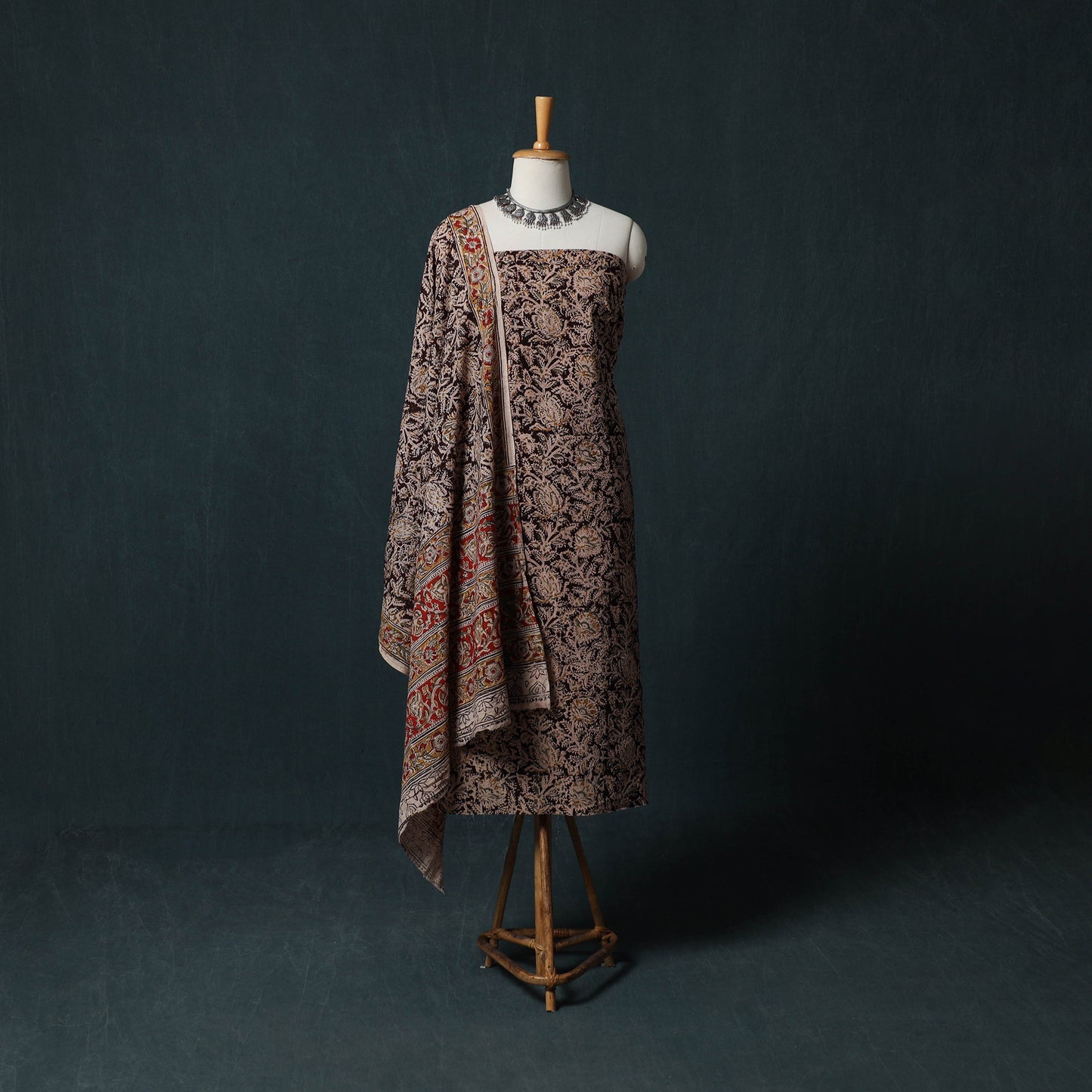 Pedana Hand Block Print Natural Dyed Cotton Kalamkari 2pc Unstitched Dress Material Kurta Set 01