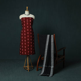 Maroon - Sambalpuri Ikat Cotton 3pc Unstitched Dress Material Suit Set 28