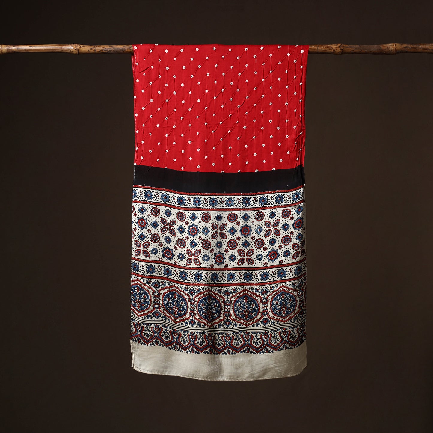 Kutch Bandhani Tie-Dye Ajrakh Block Print Modal Silk Stole 05